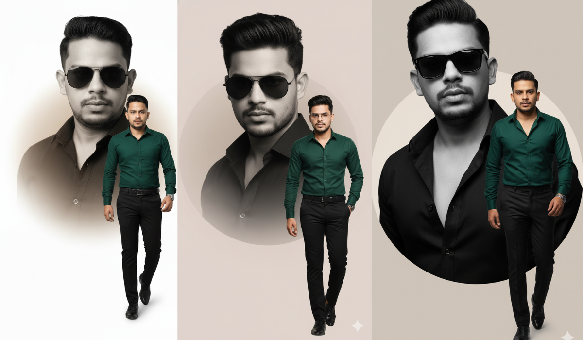 Dual poses of Yogesh: black-and-white headshot background, full-body color pose foreground, soft beige gradient, editorial style.
