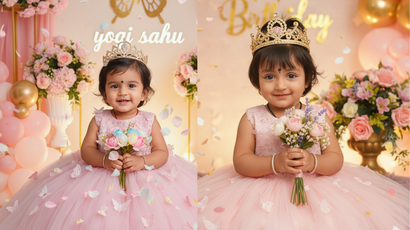 Ultra-realistic baby portrait AI in pink butterfly gown with birthday floral setup
