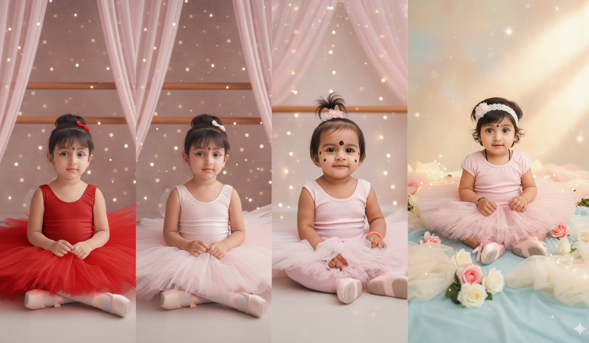 Ultra-realistic baby ballerina in pink tutu dress, smiling, soft lighting digital AI photo