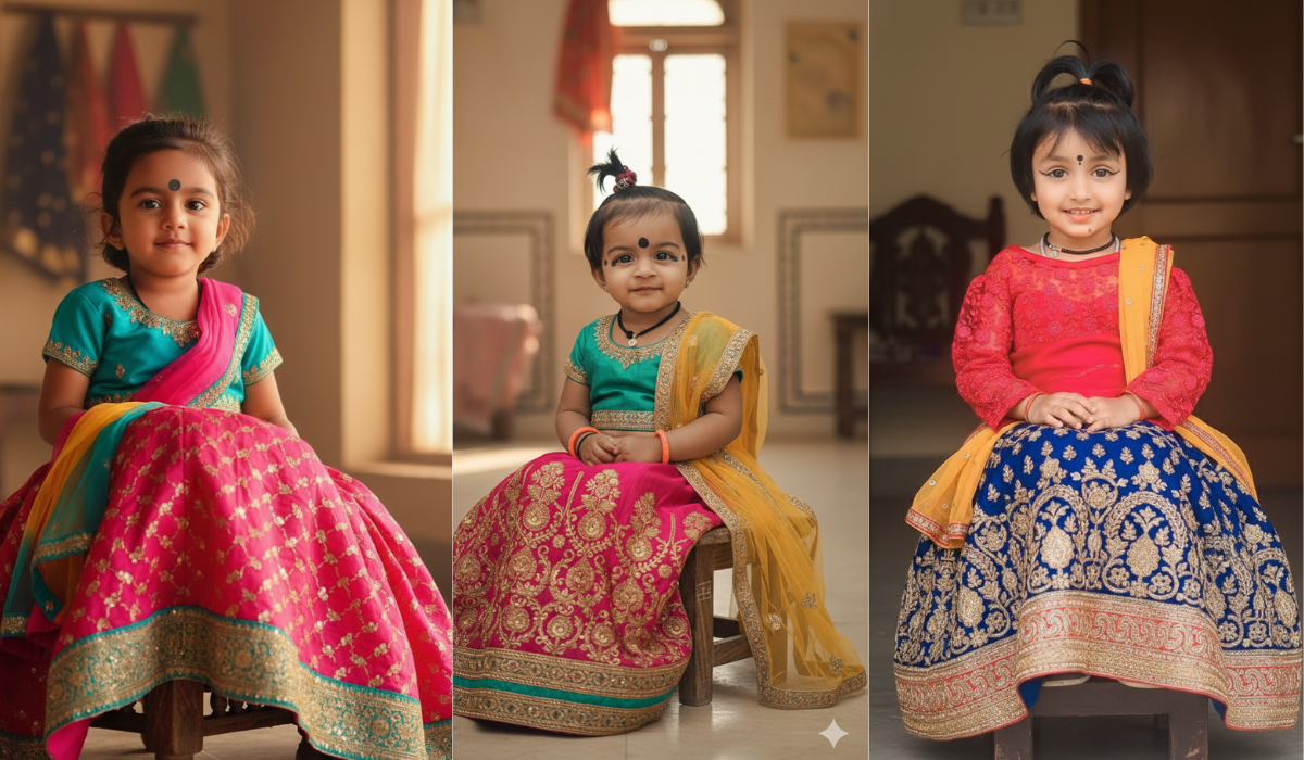 Ultra-realistic young girl sitting on a stool wearing ghagra choli, natural smile, cinematic lighting, smooth skin texture