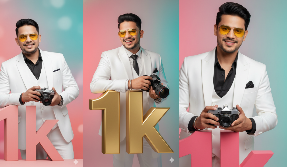 AI Prompt Photo: Yogesh in white suit with yellow sunglasses, leaning on 3D '1k', vibrant pink, coral, teal gradient background, cinematic poster style.