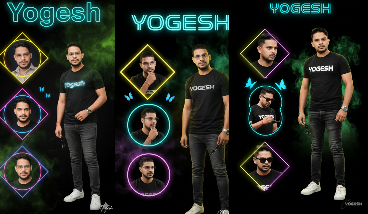 Yogesh on black background with neon smoke, printed T-shirt, jeans, sneakers, glowing butterflies, futuristic urban vibe.