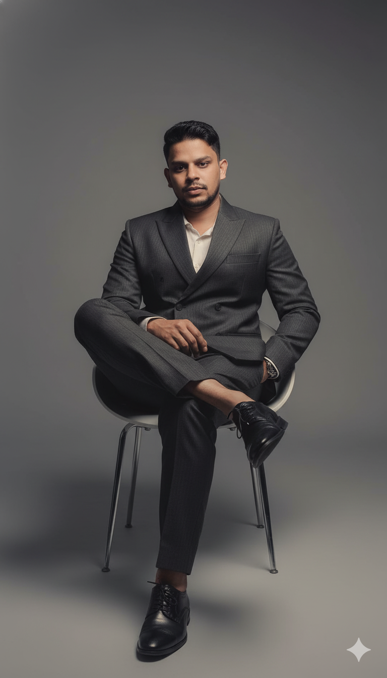 High fashion editorial portrait created with Gemini AI prompt, model in avant-garde outfit, dramatic studio lighting, 8K photorealistic style