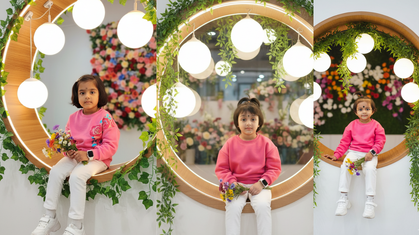 Indoor lifestyle little girl portrait AI, cozy modern setting with neon lights