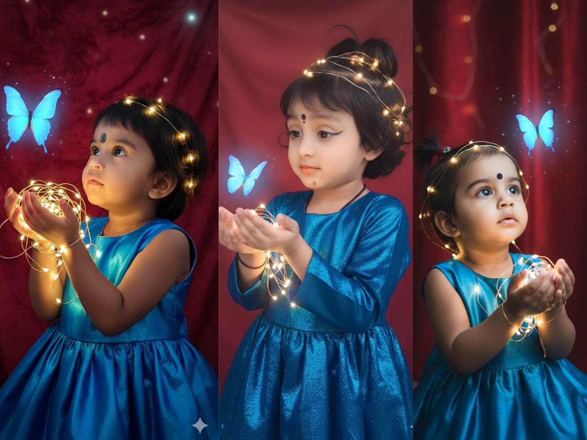 AI portrait of cute little girl holding fairy lights, soft glowing background