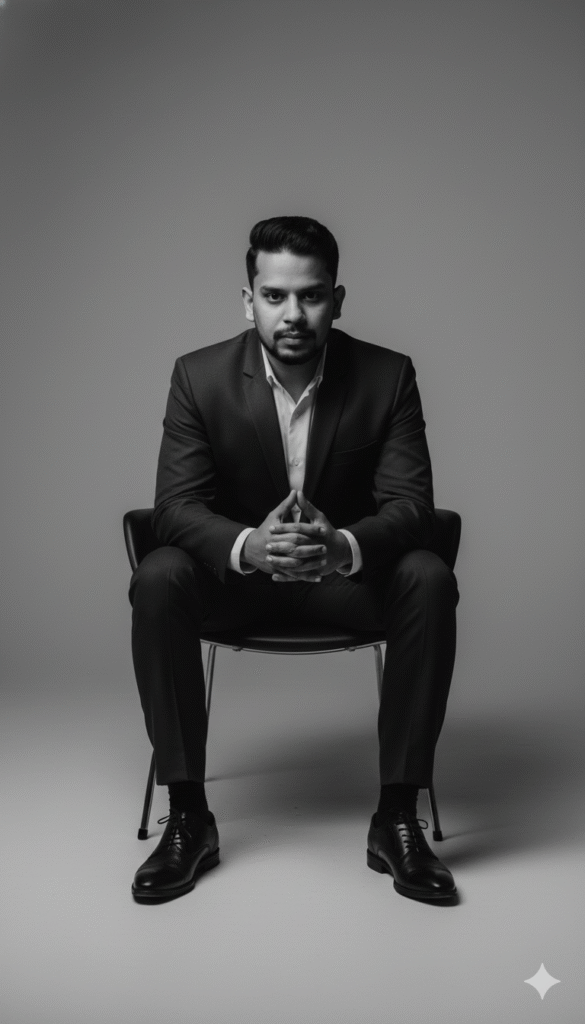 Black and white minimalist studio portrait generated by Gemini AI prompt, male model in suit, high contrast lighting, editorial look