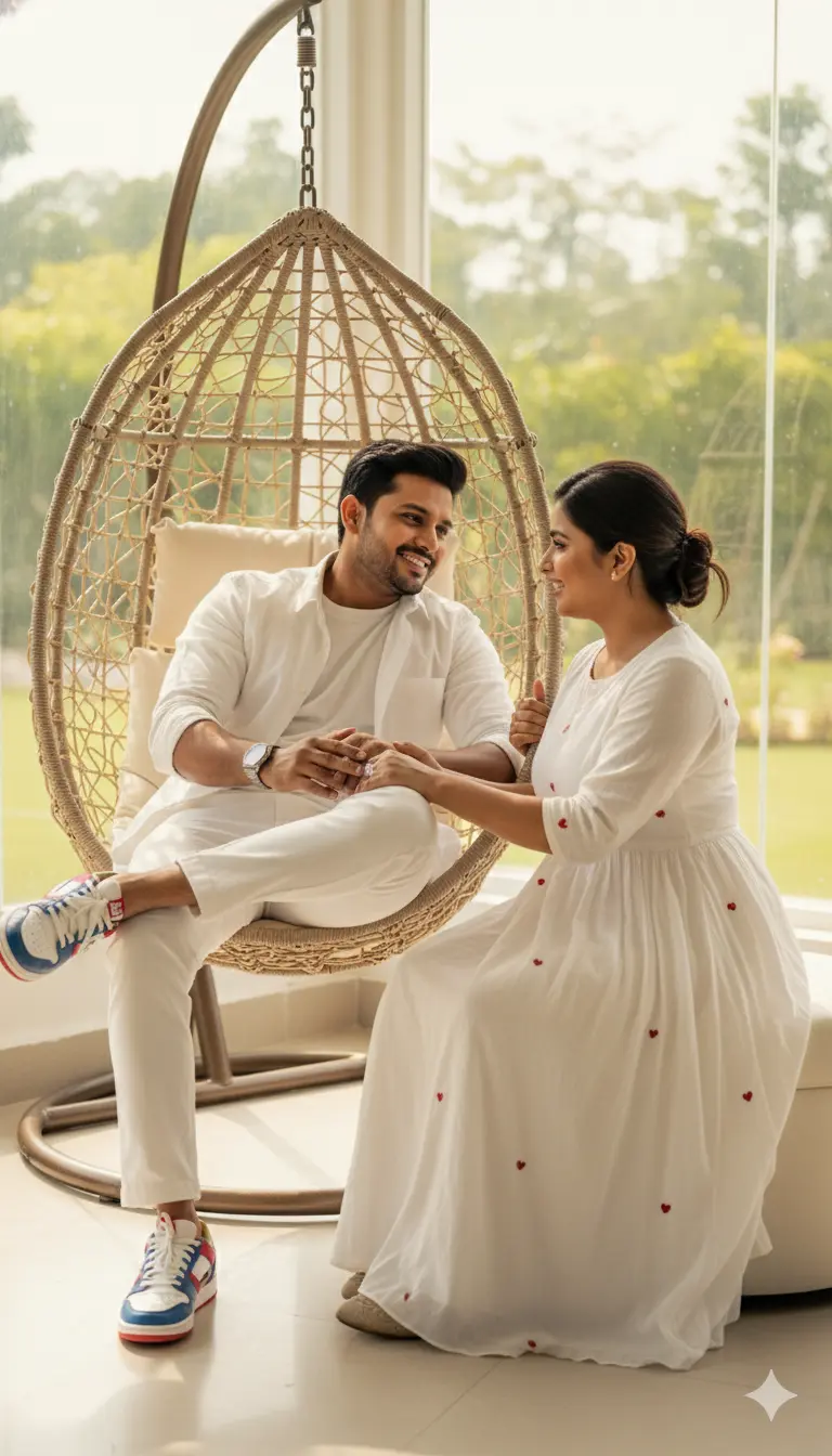 A hyper-realistic cinematic portrait of a young Indian couple relaxing together on a modern wicker chair. The man wears an all-white outfit with designer sneakers and a watch, while the woman matches in a stylish white outfit. They look effortlessly elegant and deeply connected, surrounded by warm natural light.
