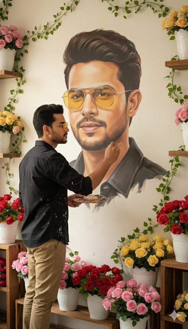 A realistic 8K vertical portrait of an artist painting his own face as a mural on a café wall, surrounded by white flower pots, colorful roses, and climbing vines, captured in soft natural light.