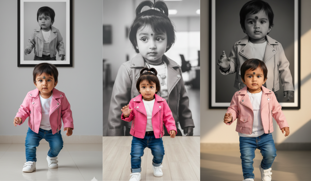 Ultra-realistic 8K fashion poster of young girl wearing pink leather jacket, white t-shirt, blue jeans, confident walk towards camera